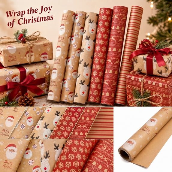Brown Kraft Paper Roll with Red Vintage Stripes, Matte Christmas Wrapping Paper for Festive Diy Craft & Gift Wrap Paper Needs, Holiday Christmas Gift Ready Christmas Wrapping