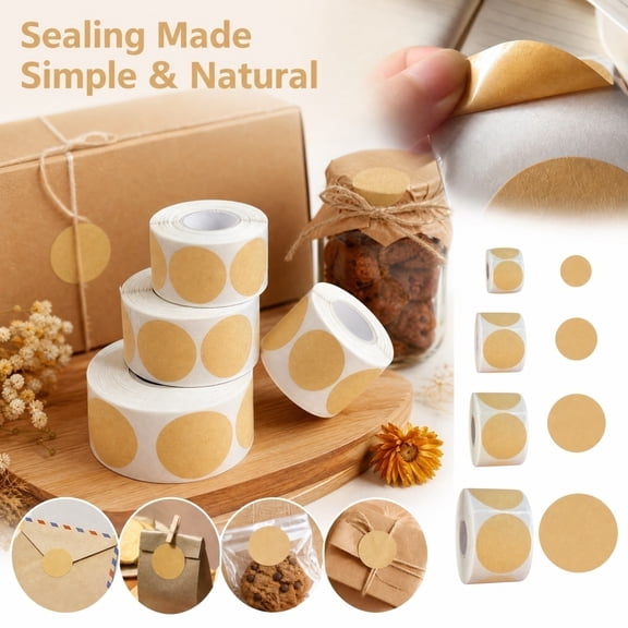 Brown Kraft Paper Roll Small Circle 1.5 Inch Round Sticker Labels Adhesive Labels Roll of for Crafts Baking Packaging Sealing Wrapping, 1 Pack