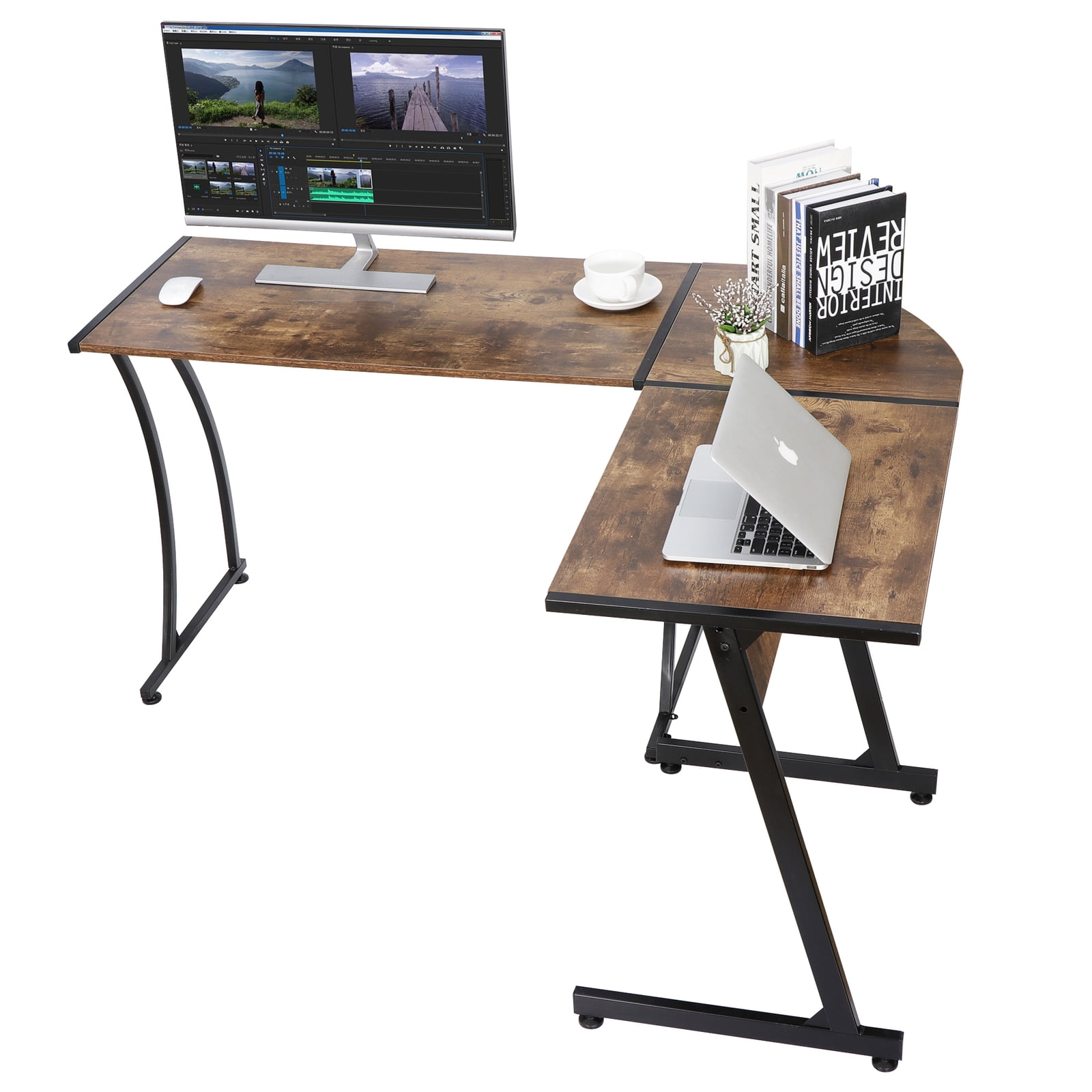 Brown L Shaped Desk Corner Computer Gaming Laptop Table Workstation ...