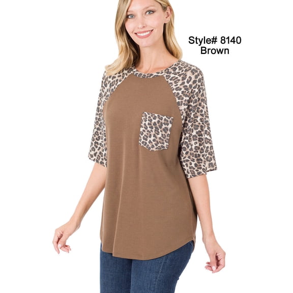 Brown LEOPARD RAGLAN SLEEVE PATCH POCKET TOP (Small)