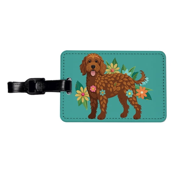 Brown Labradoodle Floral Motif Dog Faux Leather Travel Luggage Tag