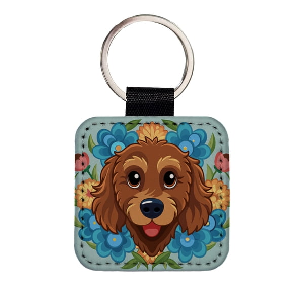 Brown Labradoodle Head Floral Motif Dog Faux Leather Square Keychain