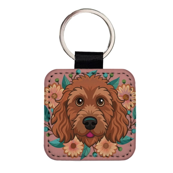 Brown Labradoodle Head Floral Motif Dog Pink Background Faux Leather Square Keychain