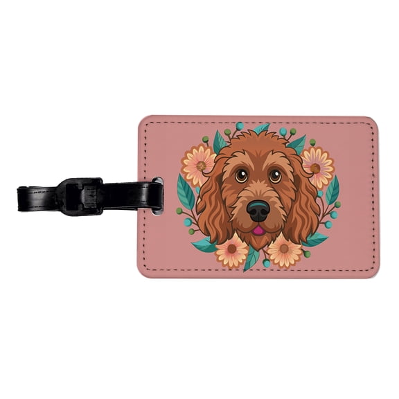 Brown Labradoodle Head Floral Motif Dog Pink Background Faux Leather Travel Luggage Tag