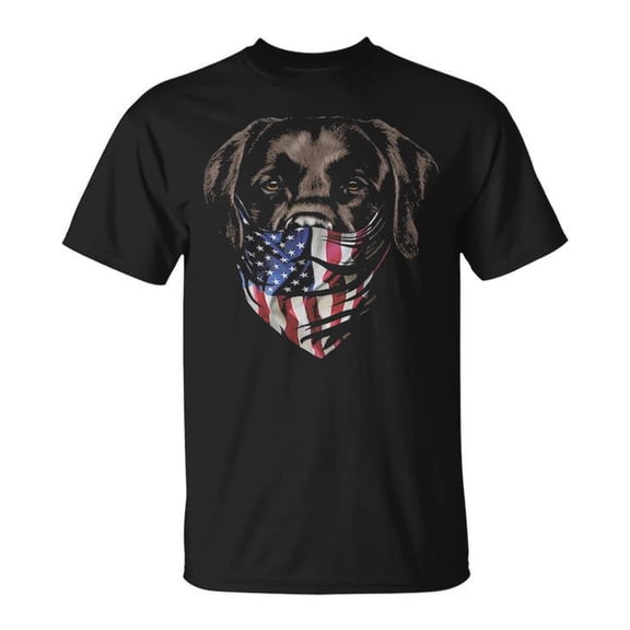 Brown Labrador Dog Wearing Patriotic USA American Flag Bandana Graphic Tee Unisex Adult Cotton Casual Pet Lover 4th of July T-Shirt, Size XL, Color Black
