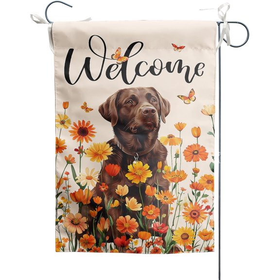 Brown Labrador Fall Garden Flag 12x18 Inch, Autumn Orange Yellow Flowers Wrinkle-Free Double Sided Vertical Linen Banner for Outdoor Dog House Backyard Party Home Decor