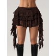 thumbnail image 1 of Brown Lace Ruffle Tiered Mini Skirt With Asymmetrical Hem And Safety Shorts, 1 of 6