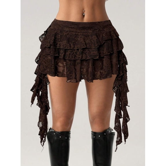Brown Lace Ruffle Tiered Mini Skirt With Asymmetrical Hem And Safety Shorts