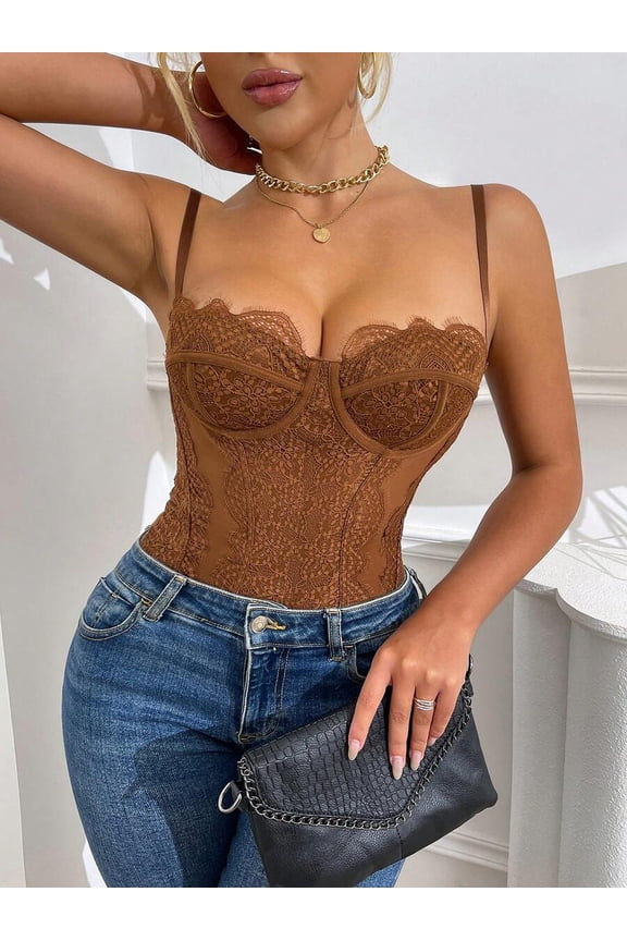 Brown Lace Underwire Spaghetti Strap Shapewear Bodysuit