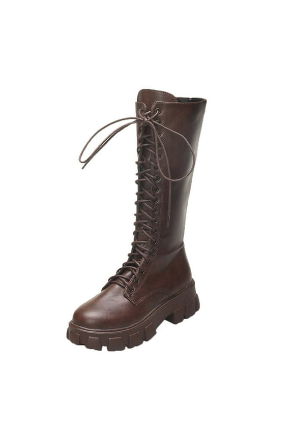 Brown Lace Up Platform Boots For Women With Block Heel And Thick Sole Long Boots For Winter Wear Comfortable And Warm Perfect For Everyday Use
