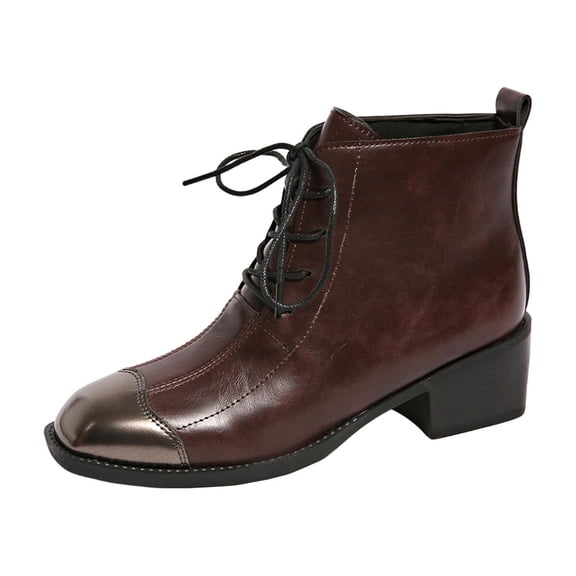 Brown Ladies Ankle Boots With Lace Closure Square Toe Pu Upper Low Heel For Weather