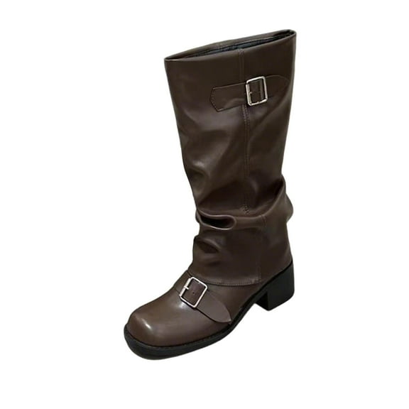 Brown Ladies Boots With Buckle Strap Low Heel Round Toe Knee High Design Comfortable Winter Footwear For Everyday Style