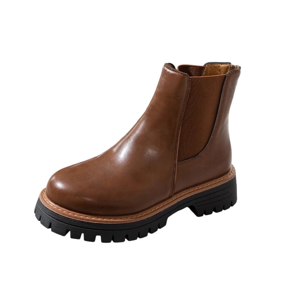 Brown Ladies Boots With Glossy Exterior And Thick Sole Round Toe For Comfort Wear
