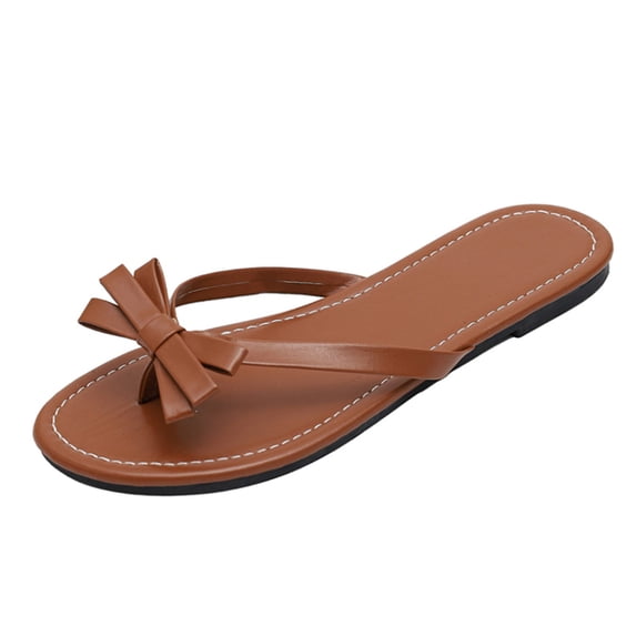 Brown Ladies Bow Flat Slippers Slide On Casual Summer Beach Shoes Comfortable For Daily 2026