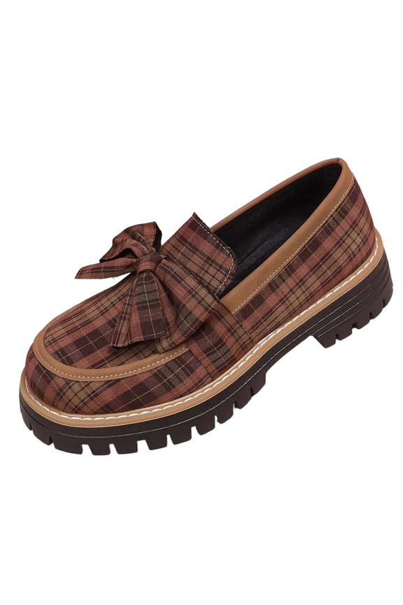 Brown Ladies Bowknot Loafers Thick Sole Low Heel English Style Plaid Fabric 2026 Spring Summer Versatile