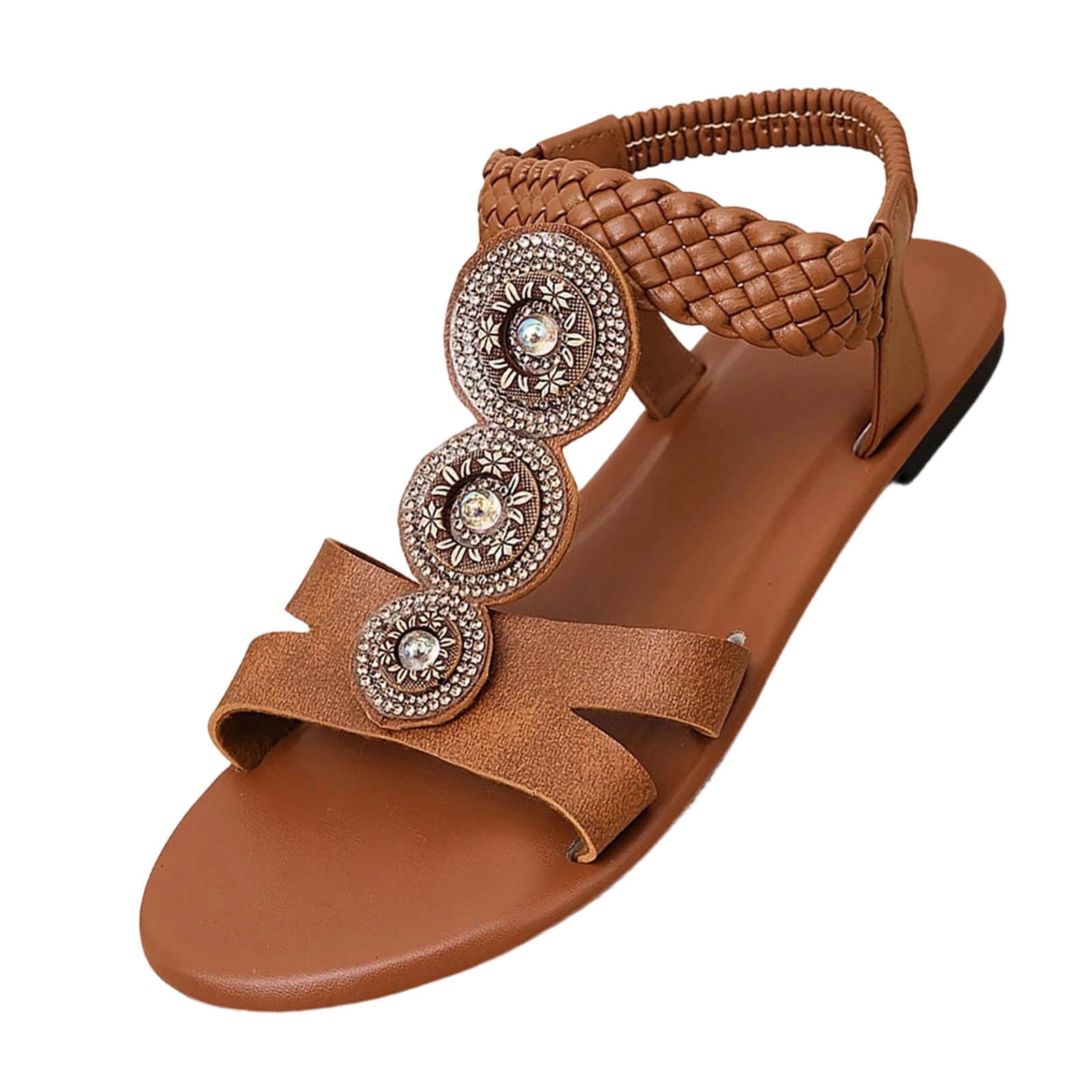 Brown Ladies Brown Open Toe Flats Round Toe Slip On Comfortable Summer ...