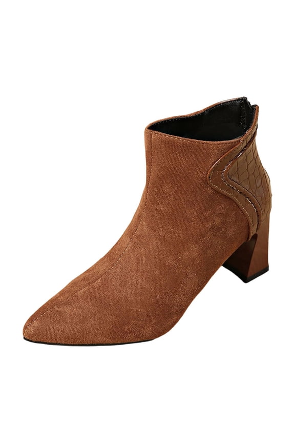 Brown Ladies Casual Ankle Booties Pointed Toe High Heel Solid Spliced Winter Boots For Women