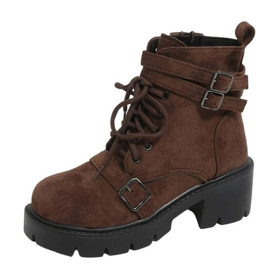 Brown Ladies Casual Boots With Versatile Short Solid Color Round Toe Front Lace-Up Thick Heel Mid-Heel For Comfort