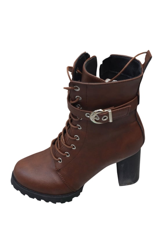 Brown Ladies Casual Chic Belt Accent High Heel Thick Sole Oversized Sizes Fall And Winter Era Cozy Chunky Heel Short Boots For Leisure Fun