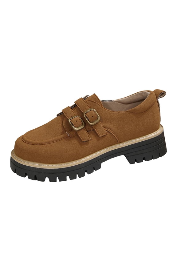 Brown Ladies Casual Frosted Loafers Round Toe Chunky Heel Thick Sole Solid Color Retro Comfortable Mid Heel Shoes For Women