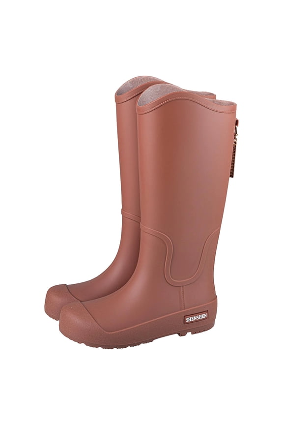 Brown Ladies Casual High Top Boots Solid Color Waterproof Rain Boots For Spring Summer