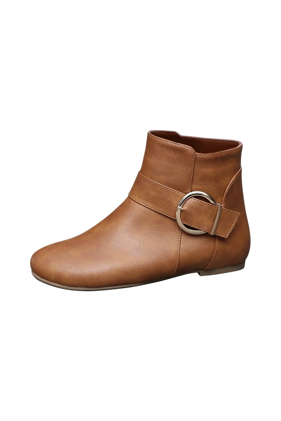 Brown Ladies Casual Low Heel Round Toe Ankle Boots Slip On Plus Size Short Boots With Side Buckle Detail For 2026 Spring Style