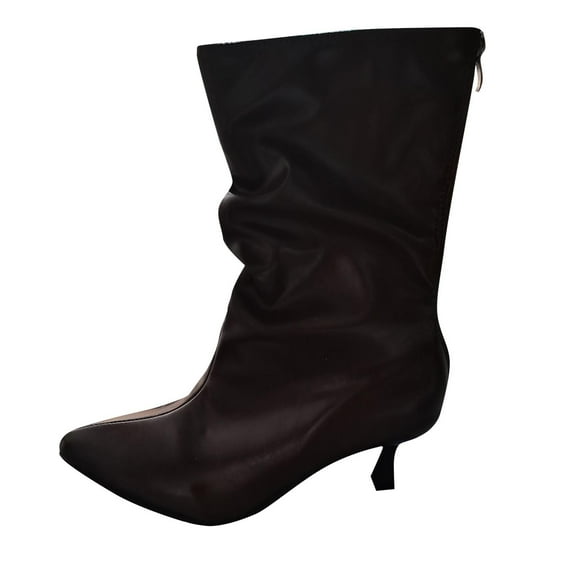 Brown Ladies Casual Short Boots With Pointed Toe Embellishment And High Heel Pleated Style For Everyday Comfort And Slight Lift Perfect For Winter Fall
