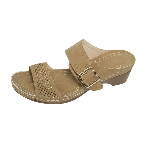 Brown Ladies Casual Slippers Featuring Solid Color Round Toe Open Toe Metal Buckle One Foot Thick Bottom Wedge For Comfort