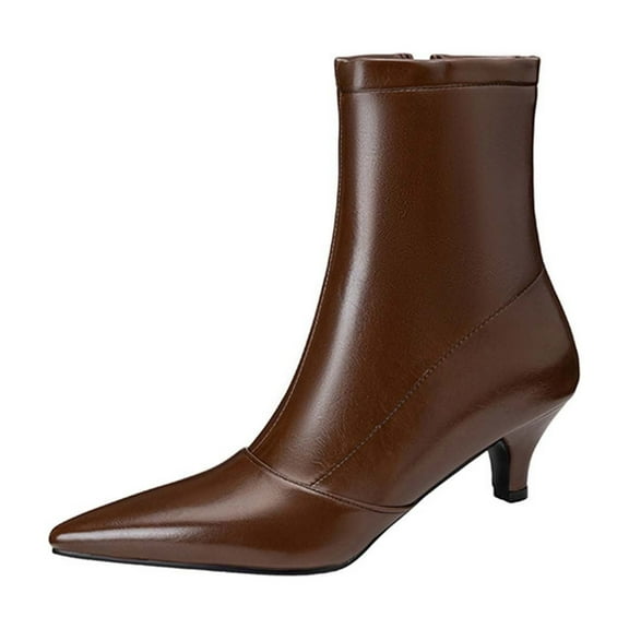 Brown Ladies Chic Ankle Boots With Pointed Toe And Shiny Metallic Design With Side Zipper For A Temperament Vibe