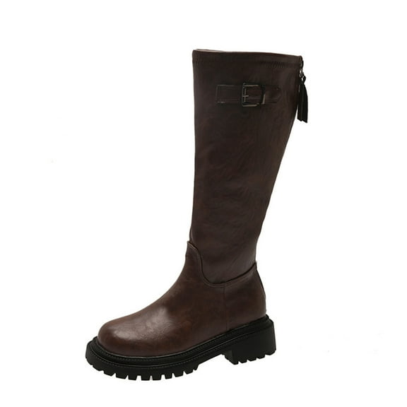 Brown Ladies Chic Knee-High Boots With Round Toe Rear Zipper Chunky Low Heel For Casual Use
