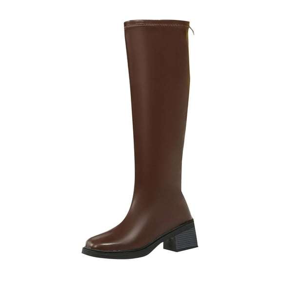 Brown Ladies Classic Long Boots With 2 Inch Heel For Autumn And Winter Weather Comfortable And Durable With Pu
