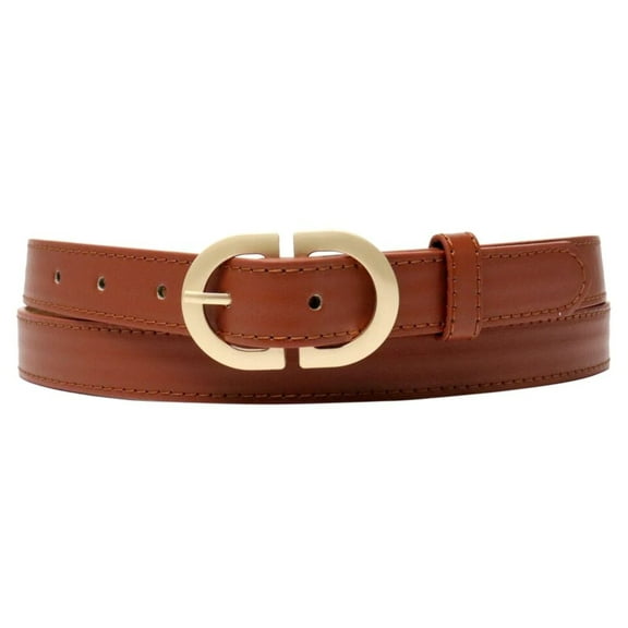 Brown Ladies Designer Style Stitch Leather Belt Gold Belt Buckle