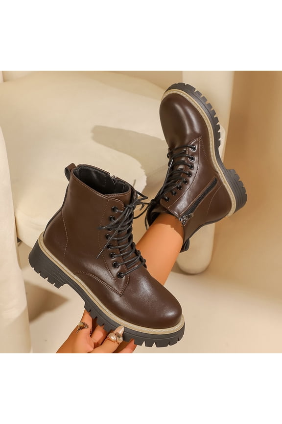 Brown Ladies Everyday Ankle Boots With Front Lace Up And Side Zipper For Cold Weather Comfort Low Heel Construction Round Toe Everyday Use