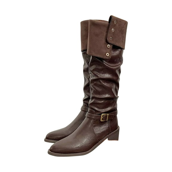 Brown Ladies Everyday Footwear With Thick Heel And French Pointed Toe Over The Knee For Fashionable Use