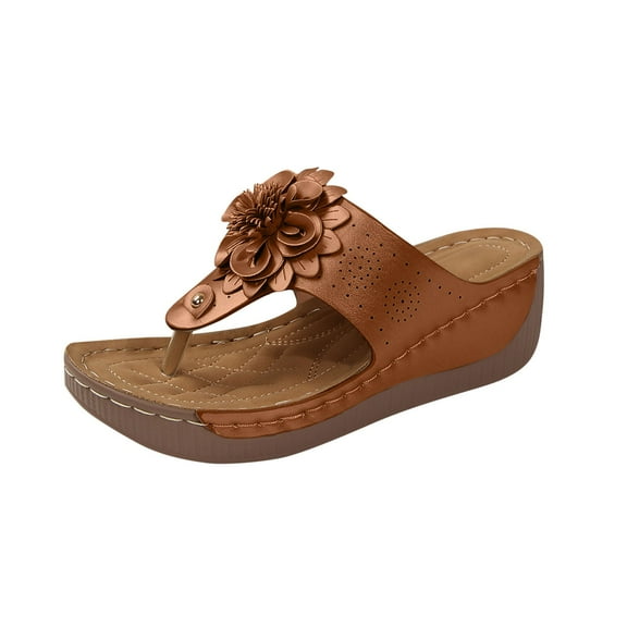 Brown Ladies Fashion Flower Fish Mouth Wedge Heel Flip Flops, Pu Construction Flip Flops, Lightweight Durable Spring Summer Outdoor Use Footwear