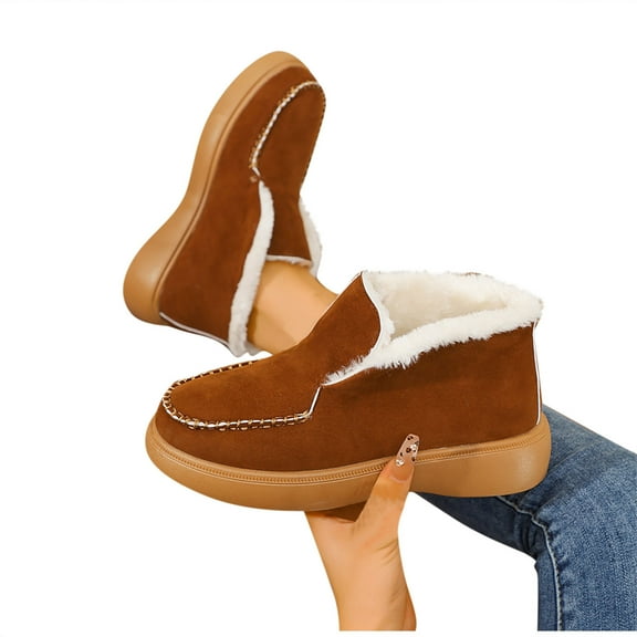 Brown Ladies Fashion Large Size Shoes Plush Lining Round Toe Design For Comfortable Wear In Cold Seasons