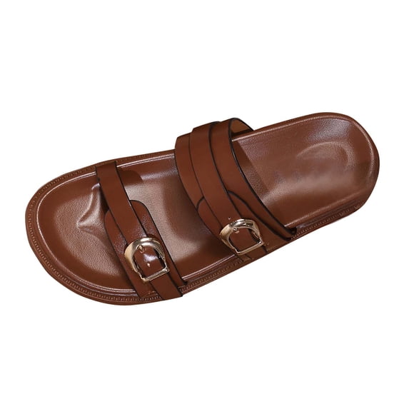 Brown Ladies Fashion Low Profile Sandals, Feminine Metal Elements, Comfortable Footbed For Summer