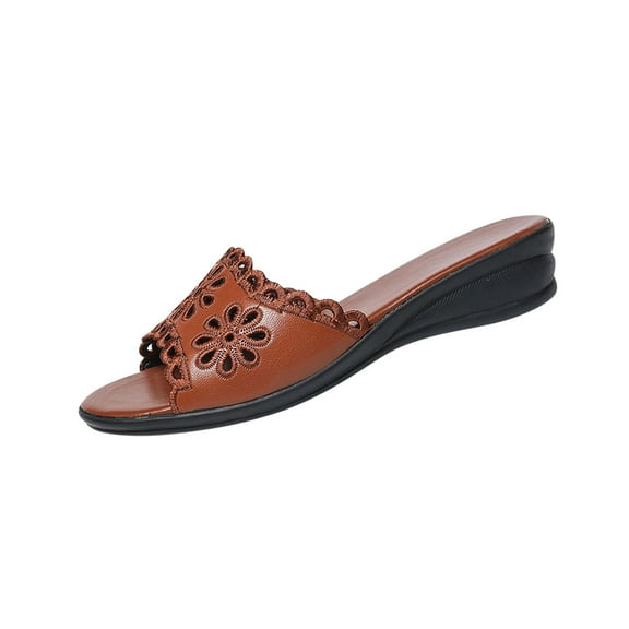 Brown Ladies Fashion Slippers With Solid Color Hollow Flower Breathable Round Head Open Toe Thick Bottom Wedge Heel For Leisure