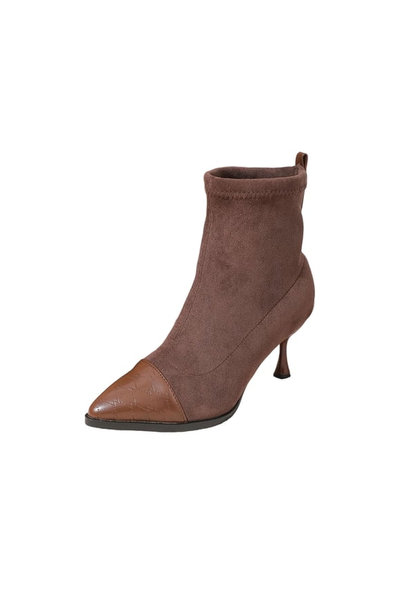 Brown Ladies Fashionable Pointed Toe Back Zipper Boots With Mid Heel For Casual Outings And Winter Comfort