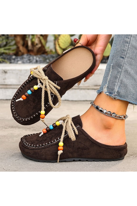 Brown Ladies Flat Shoes Beaded Laced Soft Flock Moccasin Stitching Ethnic Inspired Slip On Versatile Casual Light Daily Wear Size 36