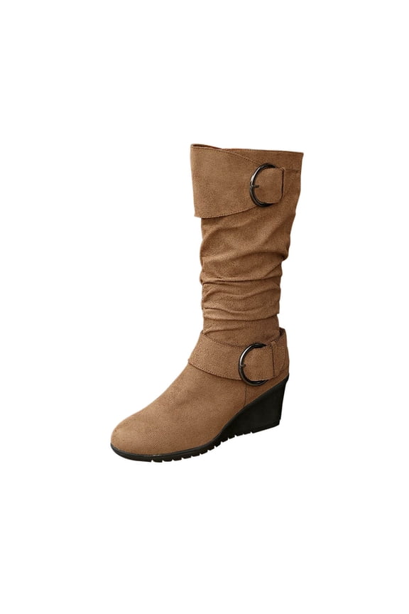 Brown Ladies Knee High Boots Loose-Fit Knee Solid-Color Round-Toe Chunky Wedge Heel Side-Zip Pleated Puffy Boots Comfortable Casual Shoes Size 37