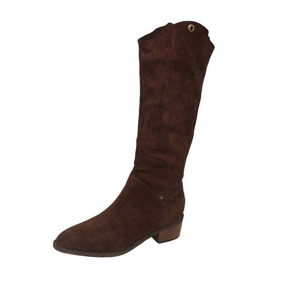 Brown Ladies Knee-High Boots With Cuff Detail And Chunky Heel For A Stylish And Comfortable Winter Shoe Option