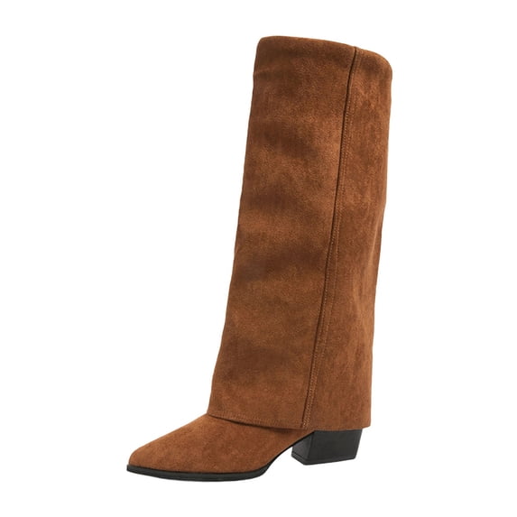 Brown Ladies Knee High Boots With Pointed Toe And Chunky Heel For Fashionable Casual Wear