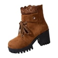 thumbnail image 1 of Brown Ladies Lace Up Lace Back Zipper Round Toe Chunky Heel Boots Autumn Winter Casual Shoes With Thick Sole And Easy To Wear, 1 of 8