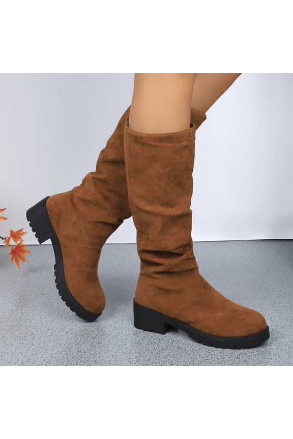 Brown Ladies Mid Calf Boots Chunky Heel Pleated Bootlegs Soft Suede Thick Anti Slip Textured Sole Fall Winter Casual Light Wear Size 37