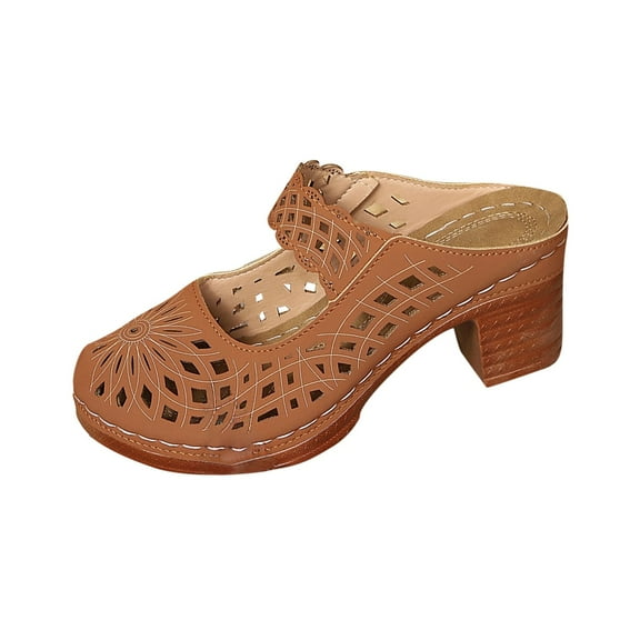 Brown Ladies Outdoor Sandals With Solid Color Open Toe Comfortable Heeled Footwear For Daily Wear 7Cm Thick Heel Height
