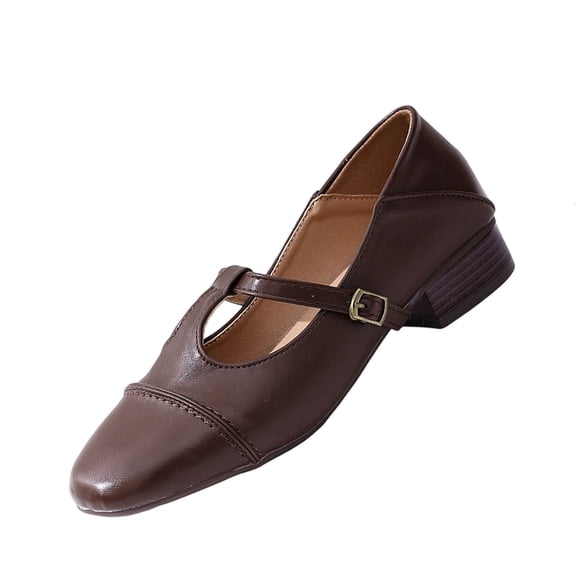 Brown Ladies Plus Size Round Toe Pumps With Buckle Detail And Thick Heel For A Polished Yet Comfortable Look