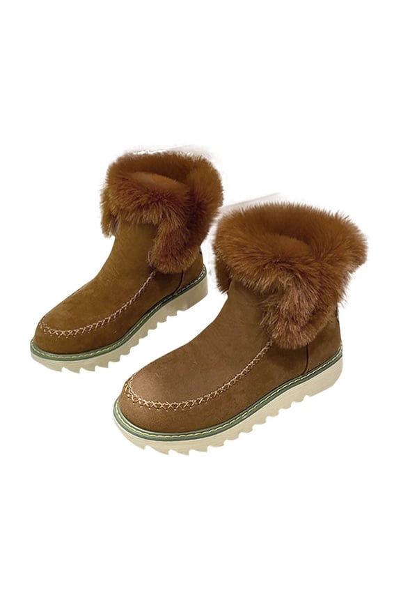 Brown Ladies Round Head Flip Hair Add Velvet Snow Boots Short Tube Padded Casual Warm Winter Comfort