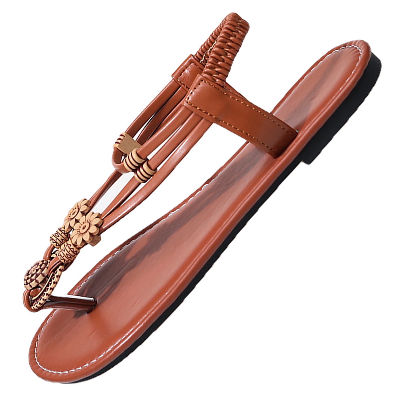 Brown Ladies Round Toe Open Toe Bohemian Flat Sandals Thong Style Cozy ...