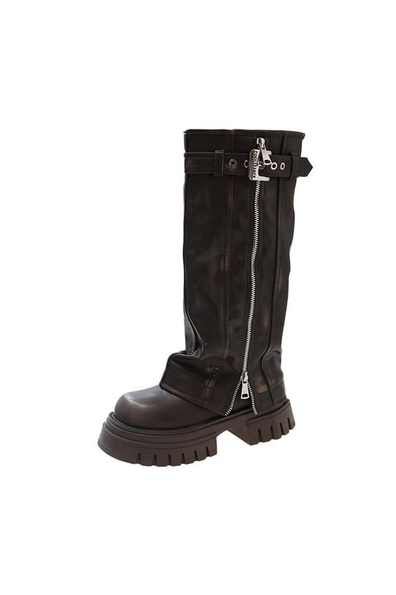 Brown Ladies Round Toe Pull On Boots Block Heel Side Zipper Mid Calf Casual Winter Warm Knit Booties